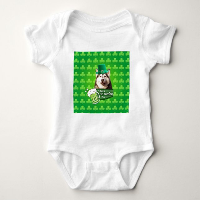 Cute Siberian Husky Dog Hat St. Patrick's Day Baby Bodysuit (Front)