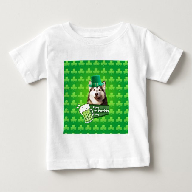 Cute Siberian Husky Dog Hat St. Patrick's Day Baby T-Shirt (Front)