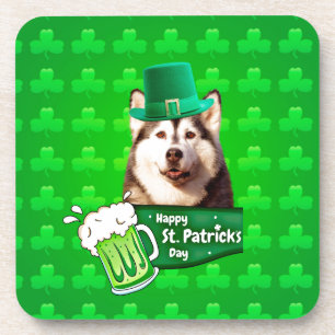 Cute Siberian Husky Dog Hat St. Patrick's Day Coaster