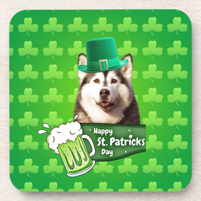 Cute Siberian Husky Dog Hat St. Patrick's Day Coaster (Front)