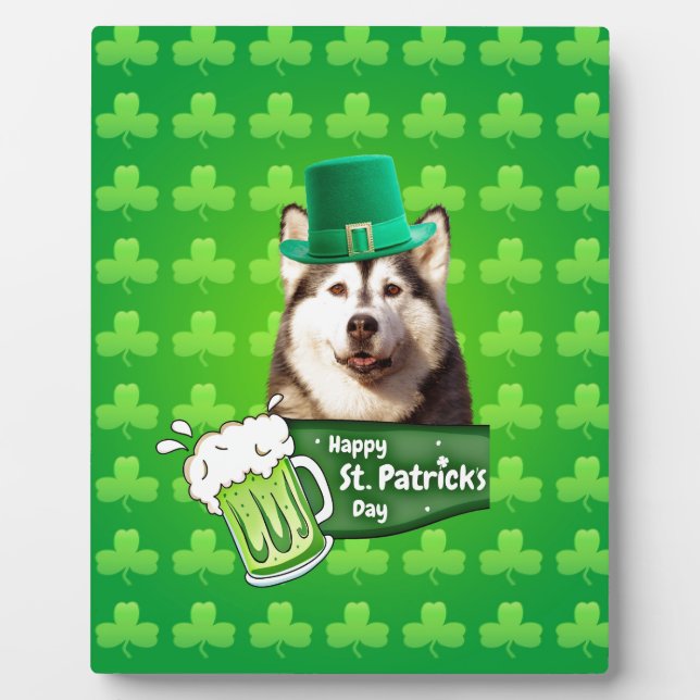 Cute Siberian Husky Dog Hat St. Patrick's Day Plaque (Front)