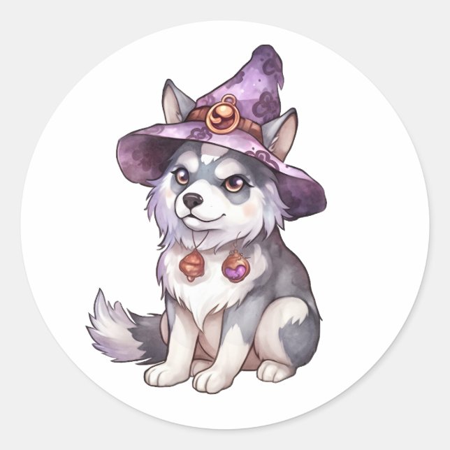 Cute Siberian Husky Dog in Witch Hat Classic Round Sticker (Front)