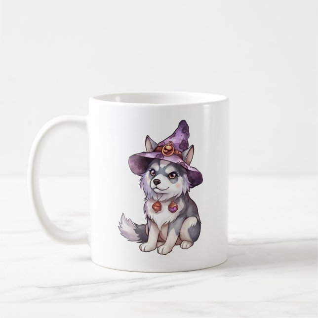 Cute Siberian Husky Dog in Witch Hat Coffee Mug (Left)