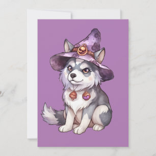 Cute Siberian Husky Dog in Witch Hat Holiday Card
