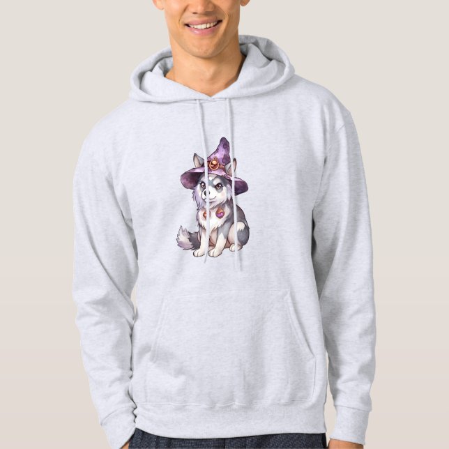 Cute Siberian Husky Dog in Witch Hat Hoodie (Front)