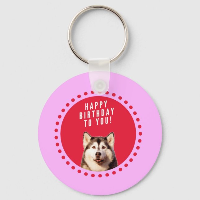 Cute Siberian Husky Dog Wishing Happy Birthday Key Ring (Front)