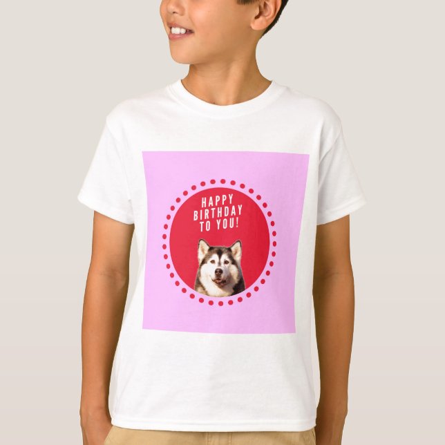 Cute Siberian Husky Dog Wishing Happy Birthday T-Shirt (Front)