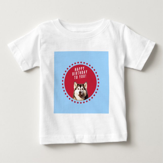 Cute Siberian Husky Happy Birthday blue red dots Baby T-Shirt (Front)