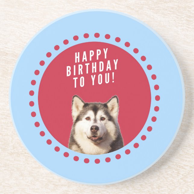 Cute Siberian Husky Happy Birthday blue red dots Coaster (Front)