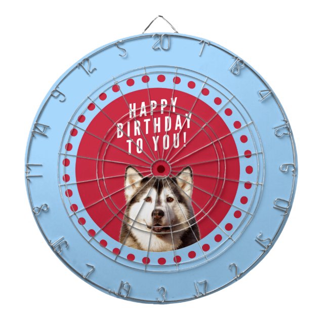 Cute Siberian Husky Happy Birthday blue red dots Dartboard (Front)