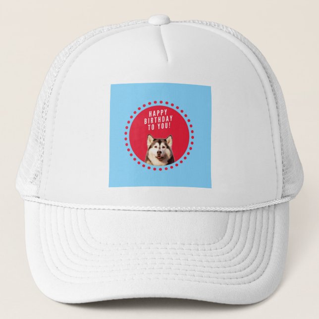 Cute Siberian Husky Happy Birthday blue red dots Trucker Hat (Front)