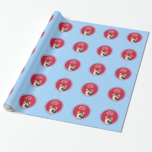 Cute Siberian Husky Happy Birthday blue red dots Wrapping Paper (Unrolled)