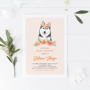 Cute Siberian Husky Peach Floral Baby Shower Invitation