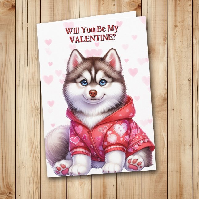 Cute Siberian Husky Puppy in Sweater Valentine Holiday Card (Creator Uploaded)