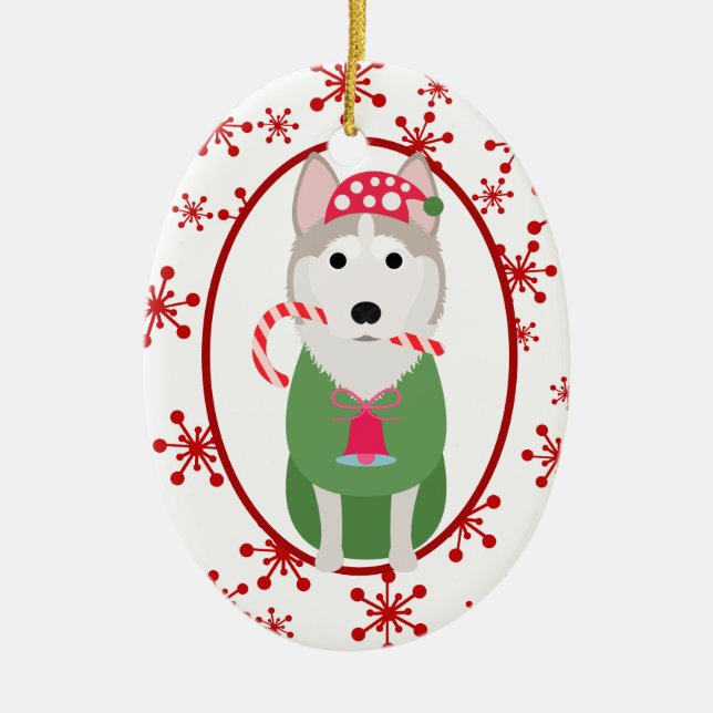 Cute Siberian Husky Red Snowflake Template Ceramic Ornament (Front)