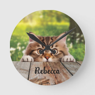 Cute Siberian Peek Cat Round Clock
