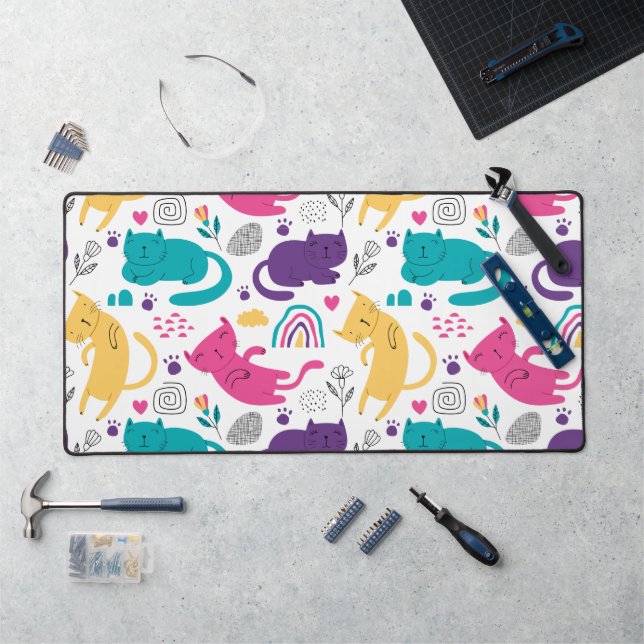 Cute silly cartoon cats and flowers pattern desk mat (Workstation)