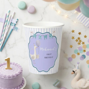Cute Silly Goose Blue personalised 1st Birthday Paper Cups