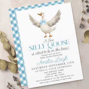 Cute Silly Goose Blue Ribbon Boy Baby Shower Invitation