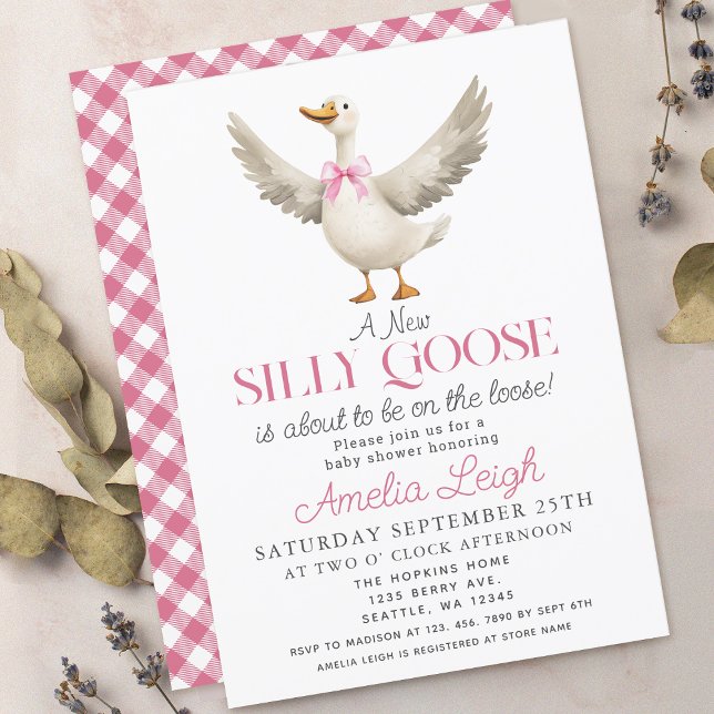Cute Silly Goose Pink Ribbon Girl Baby Shower Invitation (Creator Uploaded)
