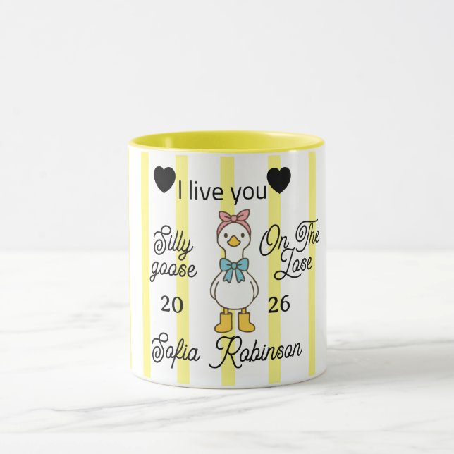 Cute Silly Goose Pink Stripe Personalized Mug (Center)