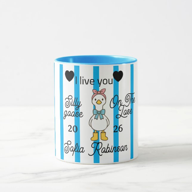 Cute Silly Goose Pink Stripe Personalized Mug (Center)