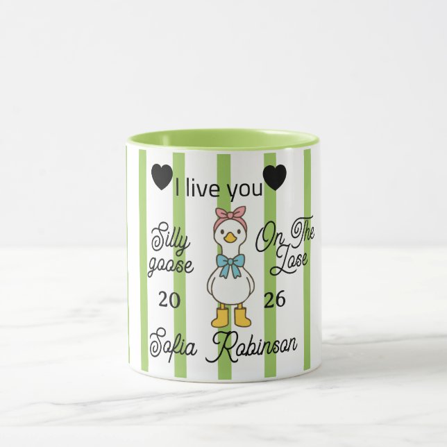 Cute Silly Goose Pink Stripe Personalized Mug (Center)