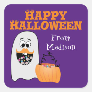Cute Silly Halloween Ghost Purple Custom Kids Name Square Sticker