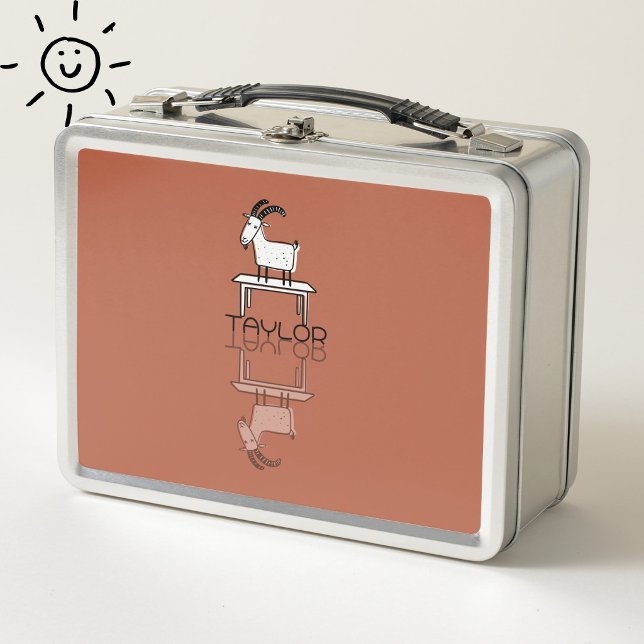 Cute Silly Pink Goat Reflection Doodle Custom Name Metal Lunch Box (Creator Uploaded)