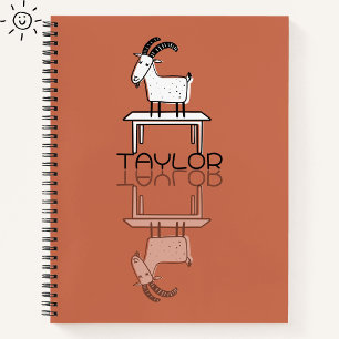 Cute Silly Pink Goat Reflection Doodle Custom Name Notebook