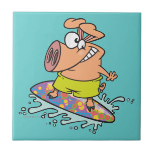 cute silly surfer surfing piggy pig ceramic tile