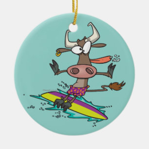 cute silly surfing surfer cow cartoon ceramic ornament