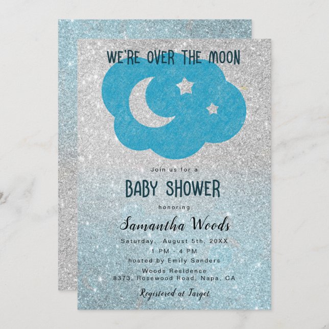 Cute Silver and Blue Glitter Moon Baby Shower  Invitation (Front/Back)
