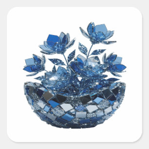 Cute Silver BLUE GLASS FLOWERS Vinyl Style Square Sticker