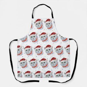 Cute Silver Cat with Santa Hat Christmas Apron