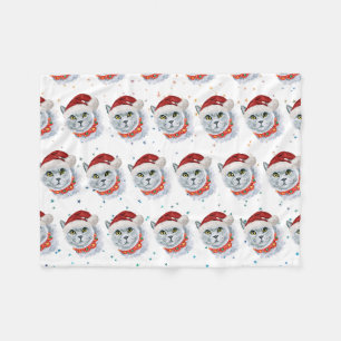 Cute Silver Cat with Santa Hat Christmas Fleece Blanket