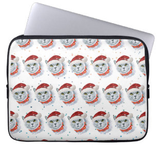 Cute Silver Cat with Santa Hat Christmas Laptop Sleeve