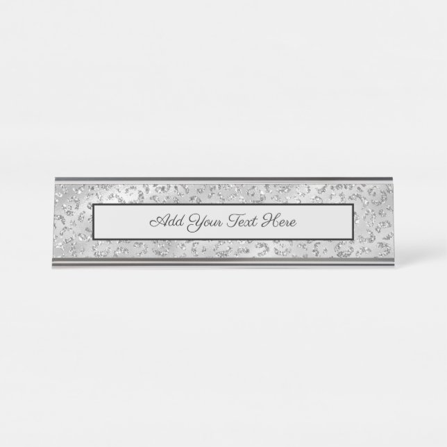 Cute Silver Cheetah Leopard Skin Print Pattern Desk Name Plate (Front)