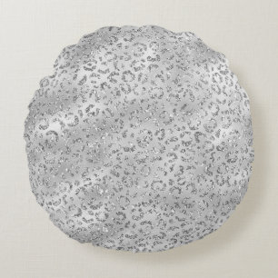 Cute Silver Cheetah Leopard Skin Print Pattern Round Cushion