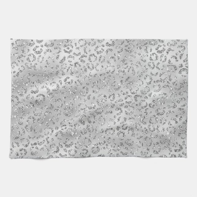 Cute Silver Cheetah Leopard Skin Print Pattern Tea Towel (Horizontal)