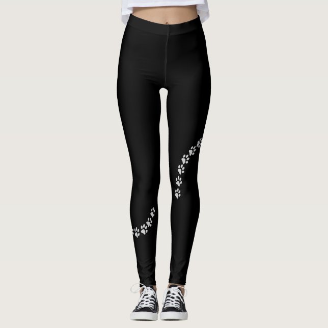 Cute Silver Dog Paw Print on Black Leggings (Front)