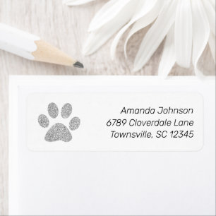 Cute Silver Glitter Paw Print Return Address Label
