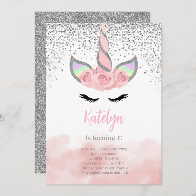 Cute Silver Glitter Unicorn Birthday Invitation (Front/Back)