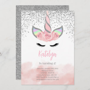 Cute Silver Glitter Unicorn Birthday Invitation
