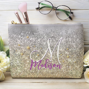 Cute silver gold Glitter stars monogram Accessory Pouch