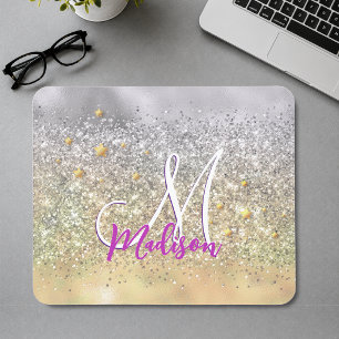 Cute silver gold Glitter stars monogram Mouse Pad