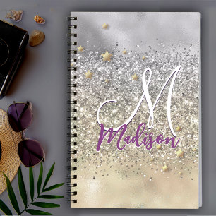 Cute silver gold Glitter stars monogram Notebook