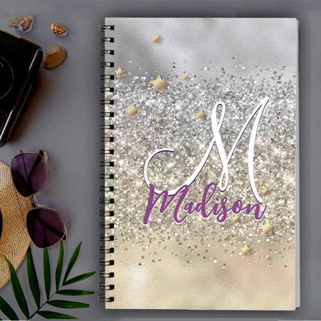 Cute silver gold Glitter stars monogram Notebook (Creator Uploaded)