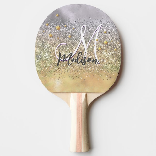 Cute silver gold Glitter stars monogram Ping Pong Paddle (Front)