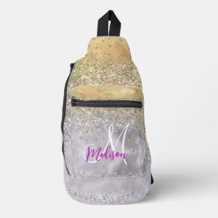 Cute silver gold Glitter stars monogram Printed Sling Bag